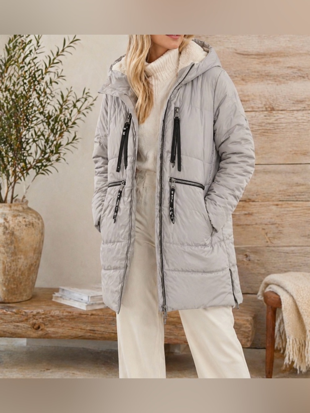 OROLAY Gray Down Puffer Coat Sherpa Lined Hood Size Small